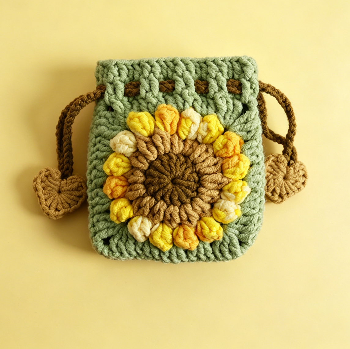 Green crochet sunflower drawstring pouch for storing coins, keys, and small accessories