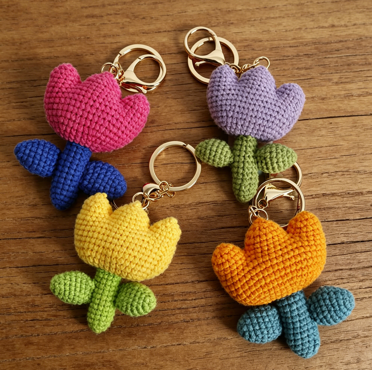 Crochet tulip keychain kit featuring orange, purple, hot pink, and yellow tulip charms displayed together