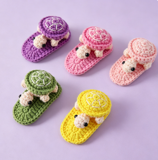 Five colorful crochet turtle hairpins in pink, purple, rose pink, yellow, and green displayed together