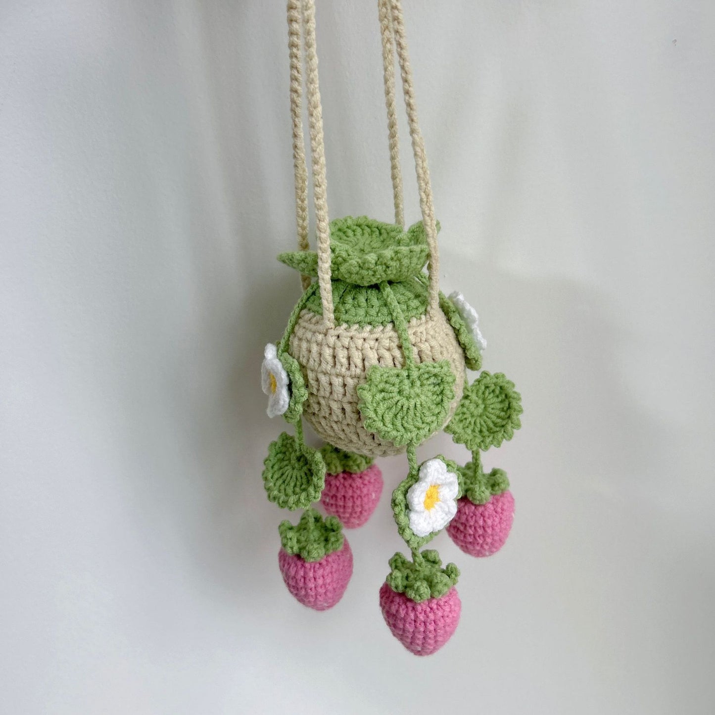 Pink strawberry crochet hanging basket decor
