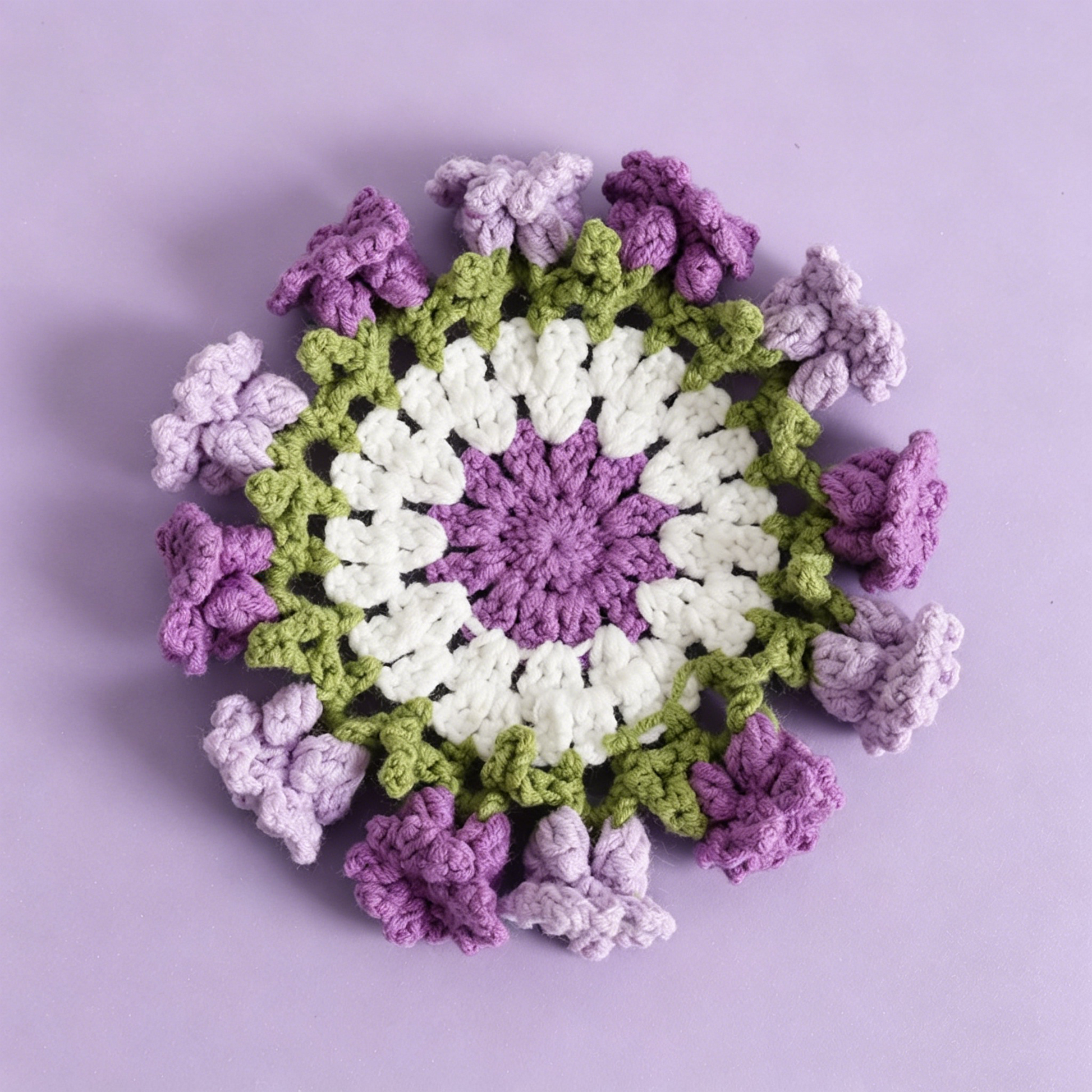 Purple Lily of the Valley crochet coaster completed with the Crochet Lily Coaster Kit