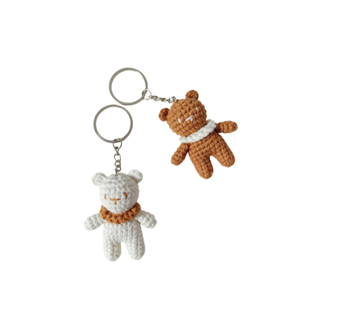 Handmade brown mini crochet bear keychain close-up detail