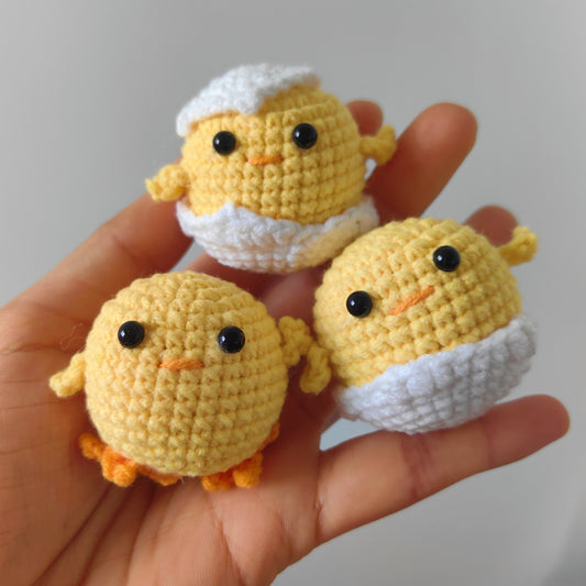 Three Crochet Eggshell Chick DIY Kits Finished Plush Keychains