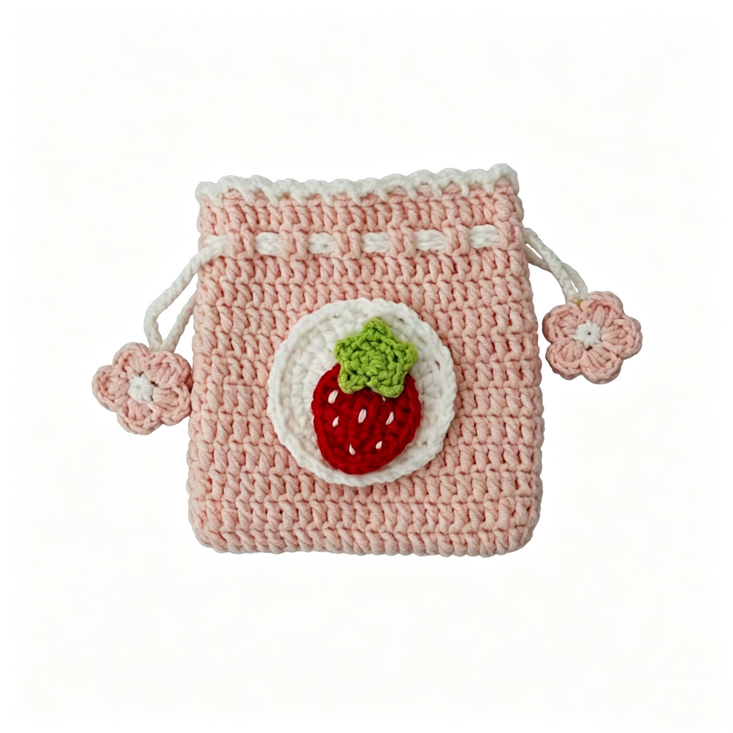 Strawberry crochet drawstring pouch handmade DIY kit, adorable fruit crochet pouch for keys, coins, and earphones